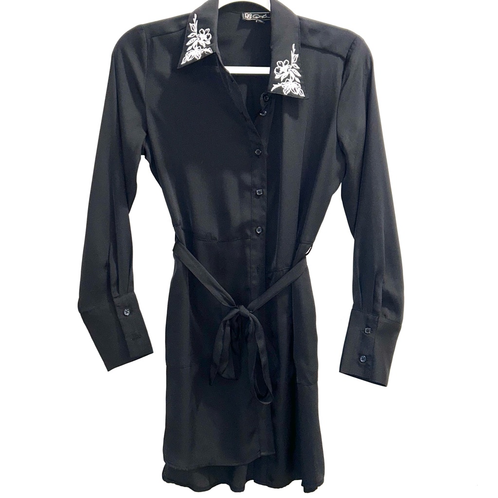 Dg2 By Diane Gilman Belted Long Sleeve Black Dress With White Embroidered Collar